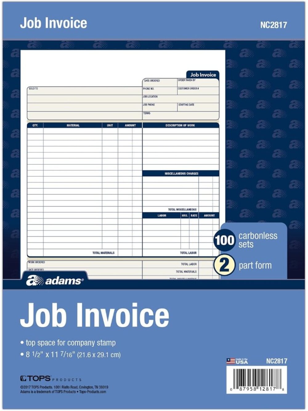 Job Invoice Forms, 2-Part Carbonless, For Service and Repair Billing, 100 Indivi